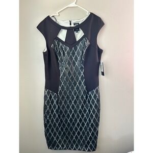 NWT Y2K JAX Women Black‎ White Geometric Sheath Dress Size 16 Leather Cocktail